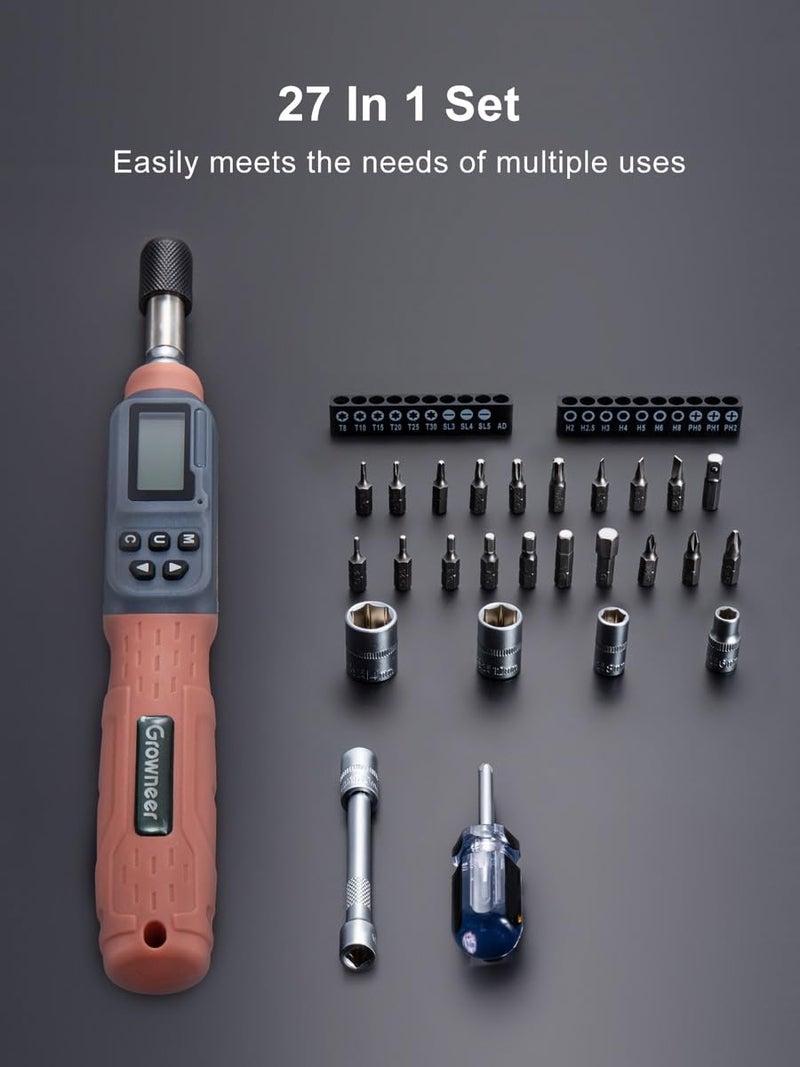 Growneer Digital Torque Screwdriver  2.66-53.1 In-lbs/0.3-6 Nm  1/4'' Drive Torque Screwdriver Electrician with Buzzer & LED Indicator  27 In 1 Screwdriver Torque Wrench Set (Black) - Image 4